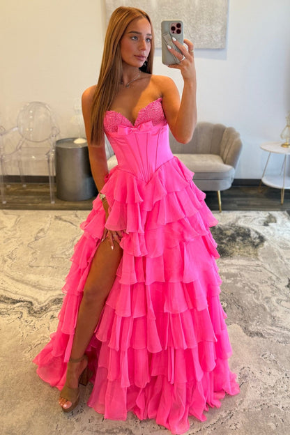 Chic Hot Pink Sweetheart A-Line Prom Gown With Tiered Ruffles and Corset Bodice