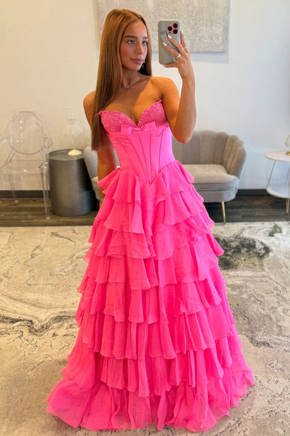 Chic Hot Pink Sweetheart A-Line Prom Gown With Tiered Ruffles and Corset Bodice