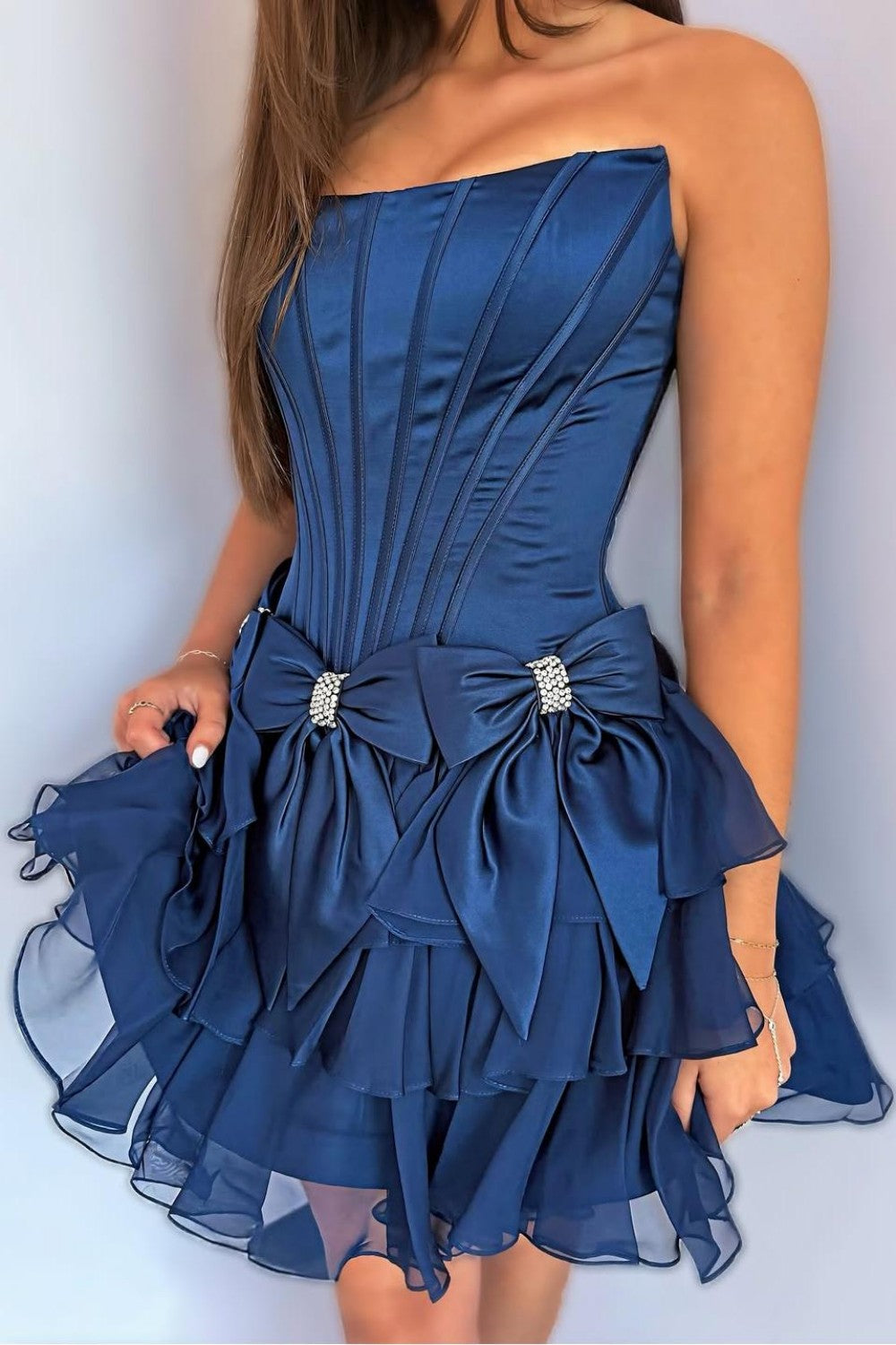 Strapless Ruffle Tiered Homecoming Dress with Satin Bows and Rhinestone Accents