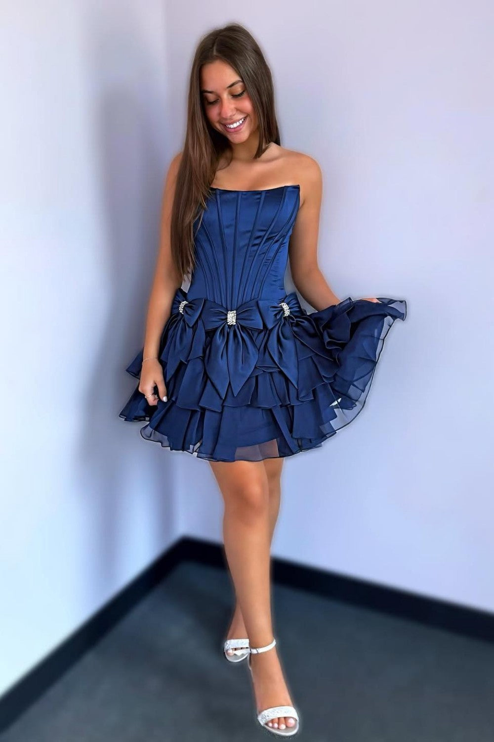 Strapless Ruffle Tiered Homecoming Dress with Satin Bows and Rhinestone Accents