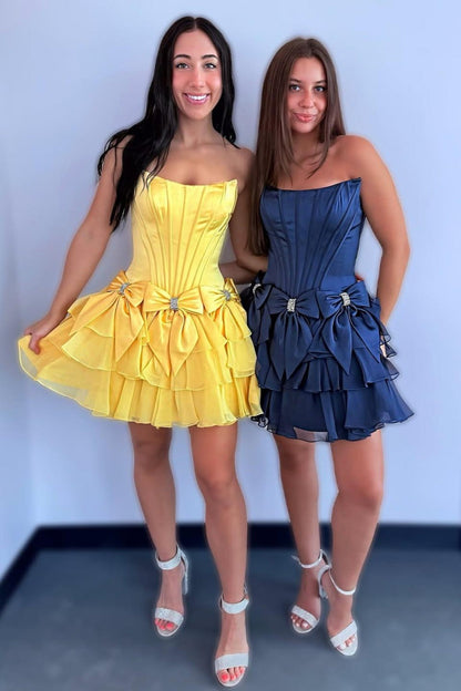 Strapless Ruffle Tiered Homecoming Dress with Satin Bows and Rhinestone Accents