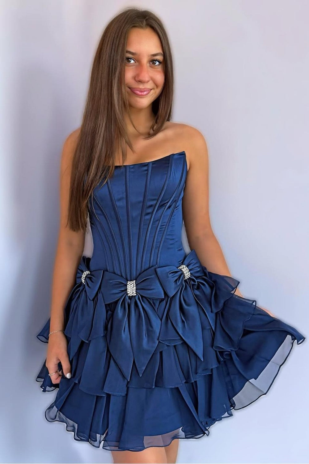 Strapless Ruffle Tiered Homecoming Dress with Satin Bows and Rhinestone Accents