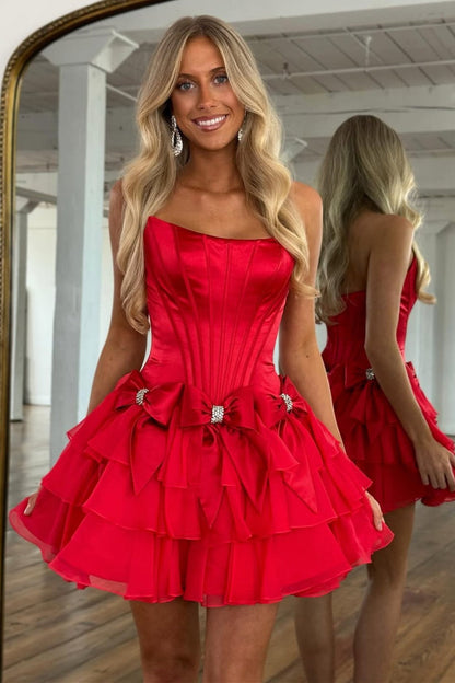 Strapless Ruffle Tiered Homecoming Dress with Satin Bows and Rhinestone Accents