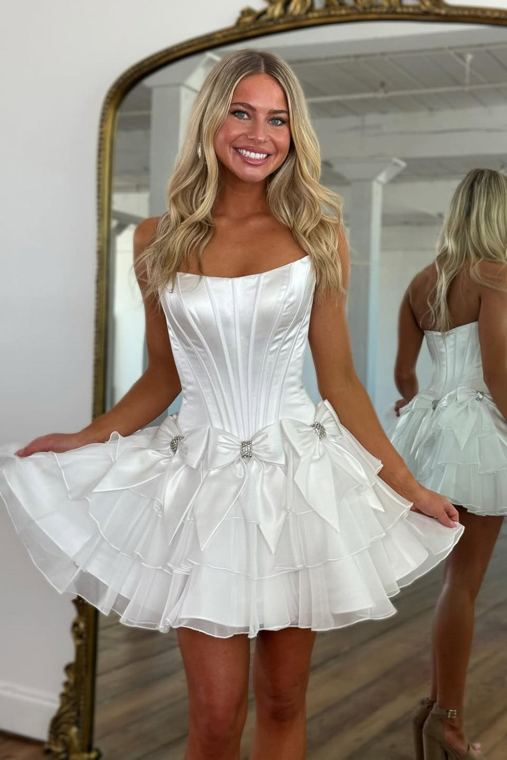 Strapless Ruffle Tiered Homecoming Dress with Satin Bows and Rhinestone Accents