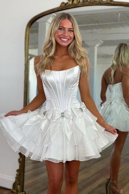 Chic Light Blue Corset Bodice Ruffled Tulle Homecoming Dress with Bows