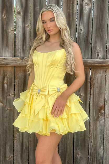 Chic Light Blue Corset Bodice Ruffled Tulle Homecoming Dress with Bows