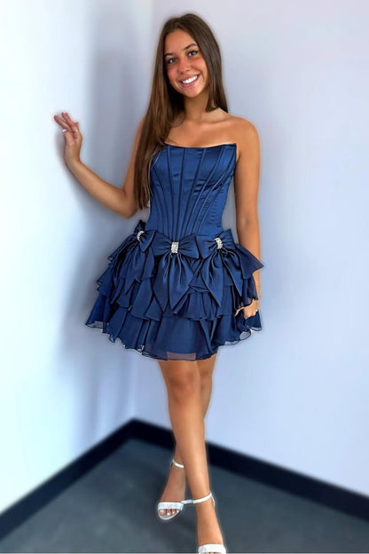 Strapless Ruffle Tiered Homecoming Dress with Satin Bows and Rhinestone Accents