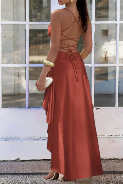 Chic Satin Spaghetti Straps Aqua Blue Long Prom Dress with Ruffles