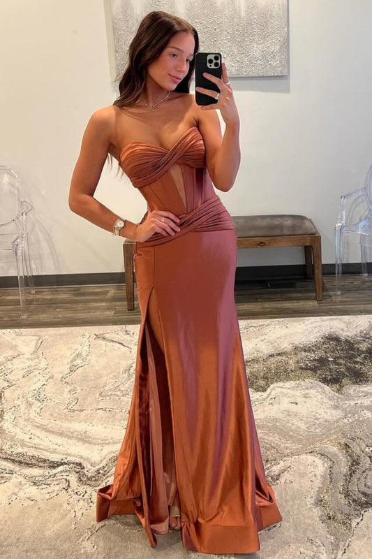 Chic Sweetheart Long Mermaid Satin Corset Prom Dress with High Slit