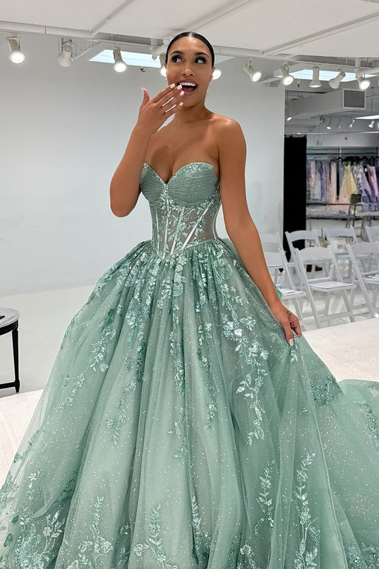 Classic A Line Sweetheart Mint Green Long Prom Dress with Appliques