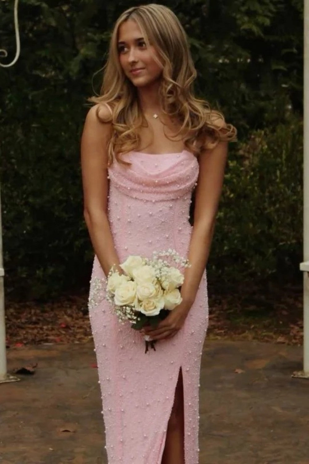 Classic Blush Pink Spaghetti Straps Pearls Prom Gown with and Modern Front Slit