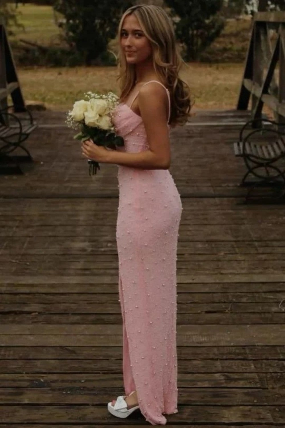 Classic Blush Pink Spaghetti Straps Pearls Prom Gown with and Modern Front Slit