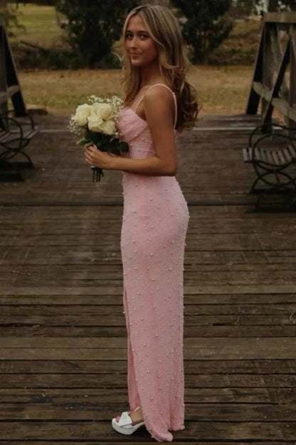 Classic Blush Pink Spaghetti Straps Pearls Prom Gown with and Modern Front Slit