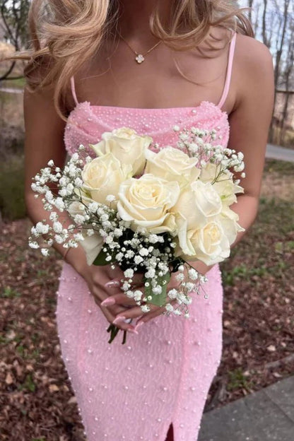 Classic Blush Pink Spaghetti Straps Pearls Prom Gown with and Modern Front Slit