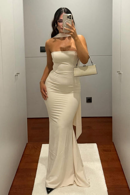 Classic Mermaid Strapless Yellow Long Prom Dress with Scarf
