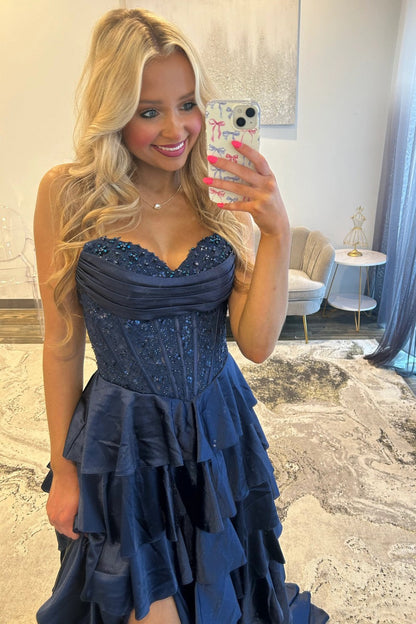 Classic Navy Blue A-Line Sweetheart Corset Prom Dress With Tiered Skirt