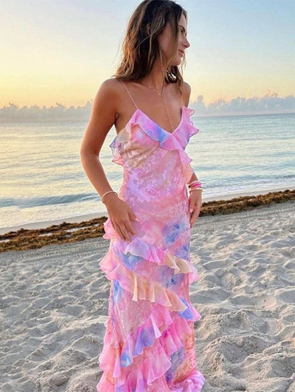 Spaghetti Straps Mermaid Pink Evening Dress Long Prom Dresses,AST921