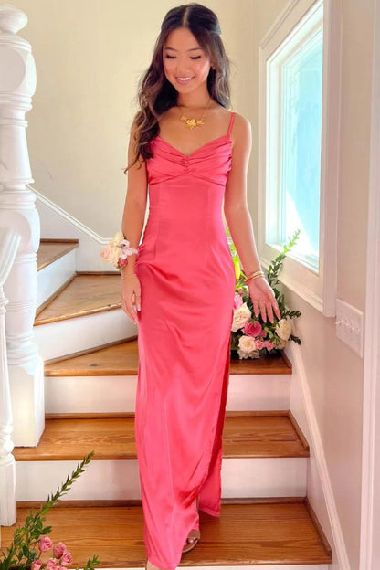 Classic Sheath Spaghetti Straps Candy Pink Long Prom Dress with Ruched