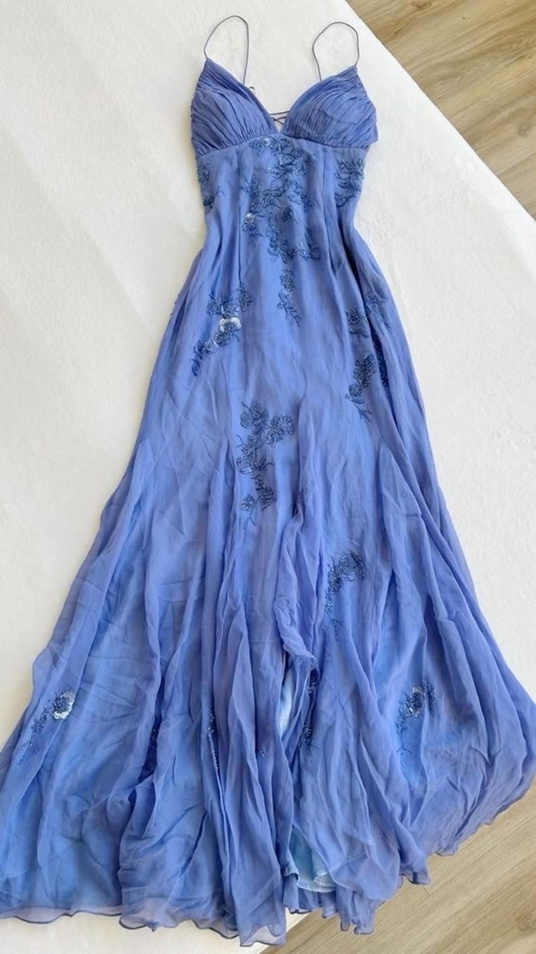 Blue Spaghetti Straps Chiffon Long Prom Dress - V-Neck A-Line Gown with Lace