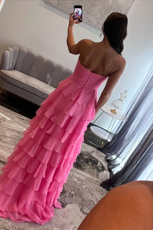 Pink Sweetheart Ruffle Tiered A-Line Prom Dress with Front Bow