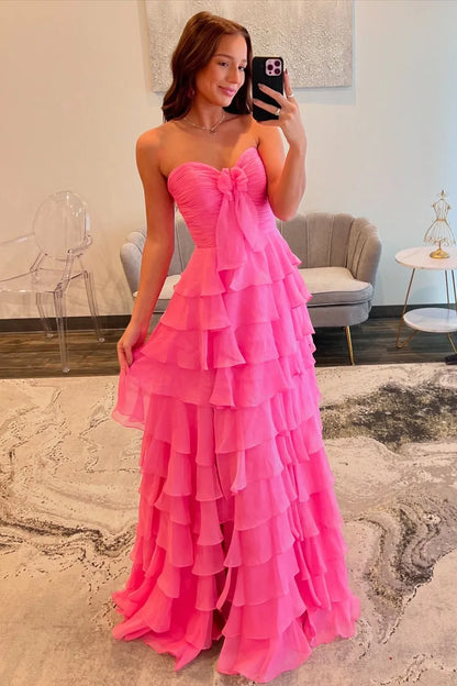 Cute Yellow Sweetheart Zipper Back A-Line Tiered Chiffon Prom Dress with Let Slit