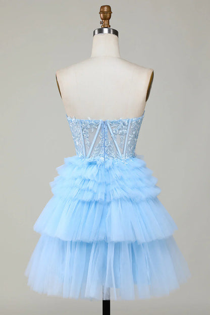 omberprom A Line Sweetheart Tiered Short Homecoming Dress with Ruffles Graduation Dress