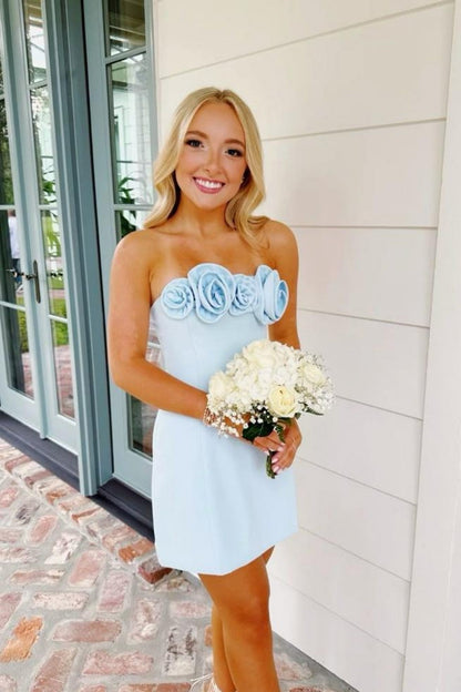 Cute Bodycon Strapless Mini Homecoming Dress with 3D Rosette Bodice Detail