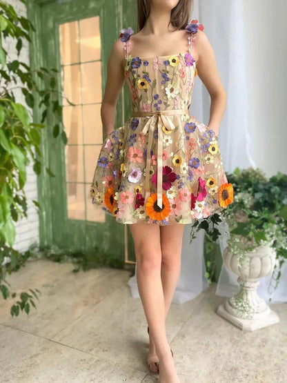 Charming 3D Floral Tulle Design A-line Short Spaghetti Strap Homecoming Dress TP3610