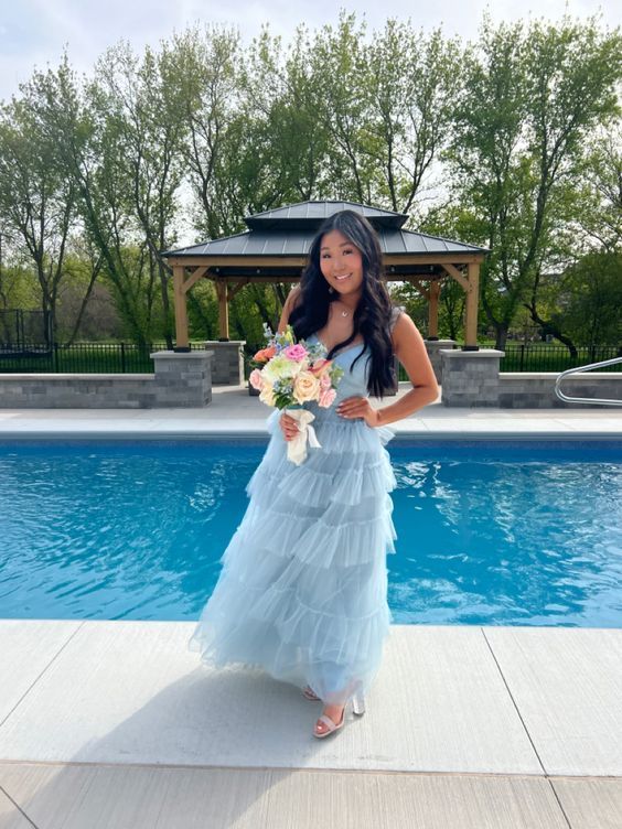 Cute Light Blue Tulle Prom Dresses Layers Semi Formal Gown