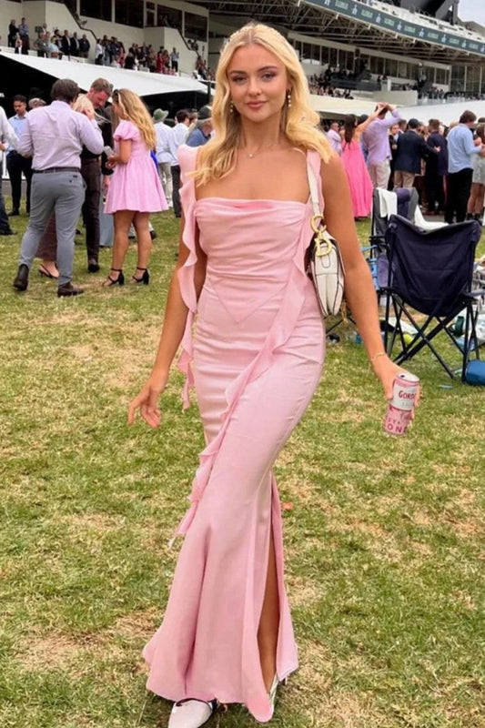 Cute Mermaid Square Neck Pink Long Prom Dress with Ruffles Backless