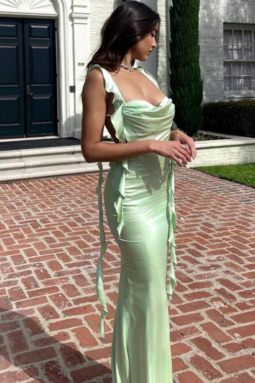Cute Mermaid Square Neck Pink Long Prom Dress with Ruffles Backless