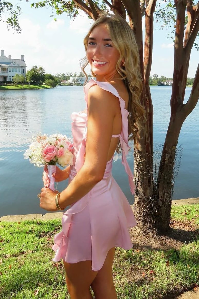 Cute Square Neck Pink Short Hoco Dress Open Back