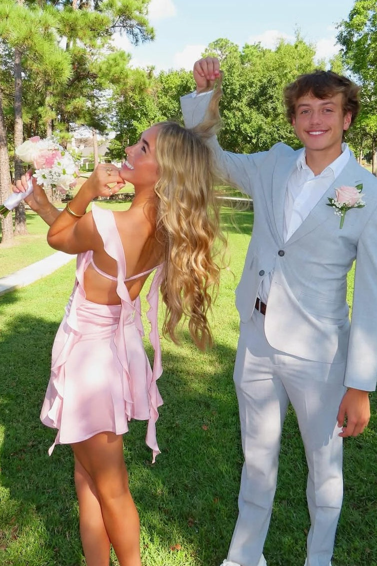 Cute Square Neck Pink Short Hoco Dress Open Back