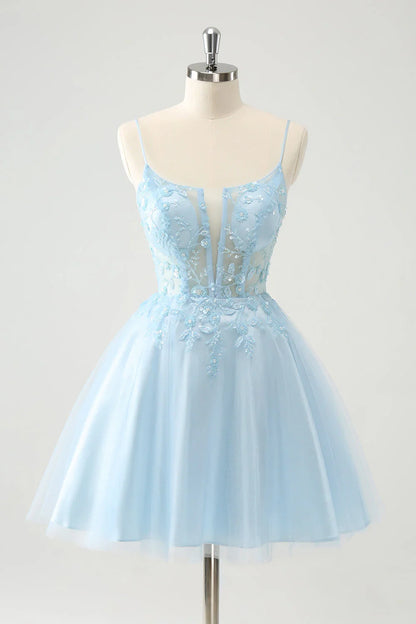 omberprom Short Homecoming Dress Cute Blush A Line Spaghetti Straps Corset with Appliques