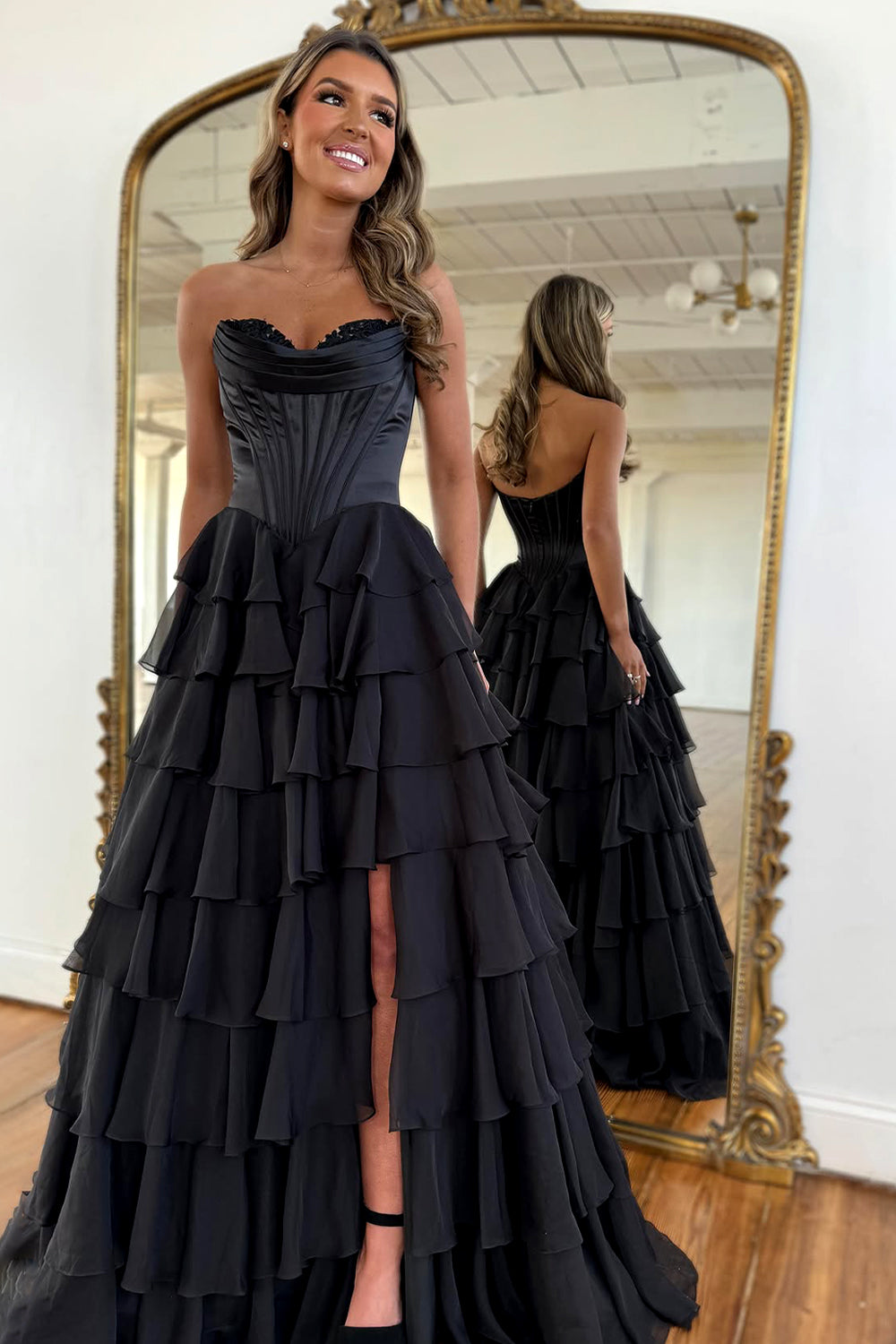 Romantic Yellow Sweetheart Corset Tiered Ruffle Chiffon Ball Gown Prom Dress