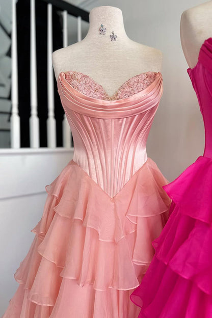 Pretty Sweetheart A-Line Satin Top Long Layered Chiffon Prom Dress with Slit