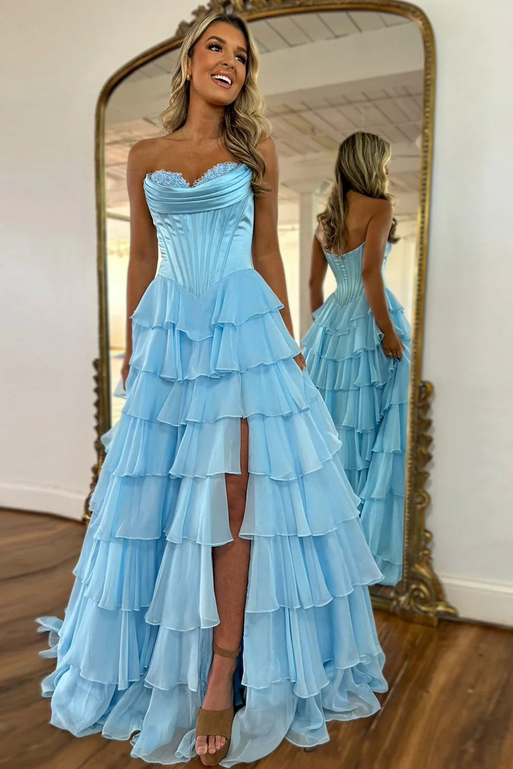Romantic Yellow Sweetheart Corset Tiered Ruffle Chiffon Ball Gown Prom Dress