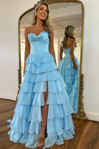 Pretty Sweetheart A-Line Satin Top Long Layered Chiffon Prom Dress with Slit