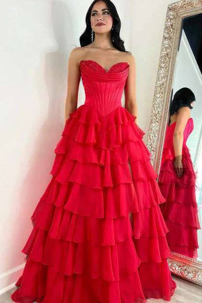 Pretty Sweetheart A-Line Satin Top Long Layered Chiffon Prom Dress with Slit