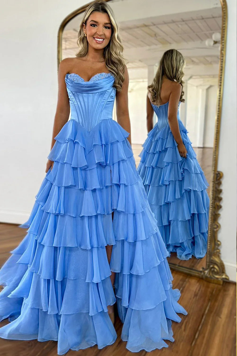 Romantic Yellow Sweetheart Corset Tiered Ruffle Chiffon Ball Gown Prom Dress