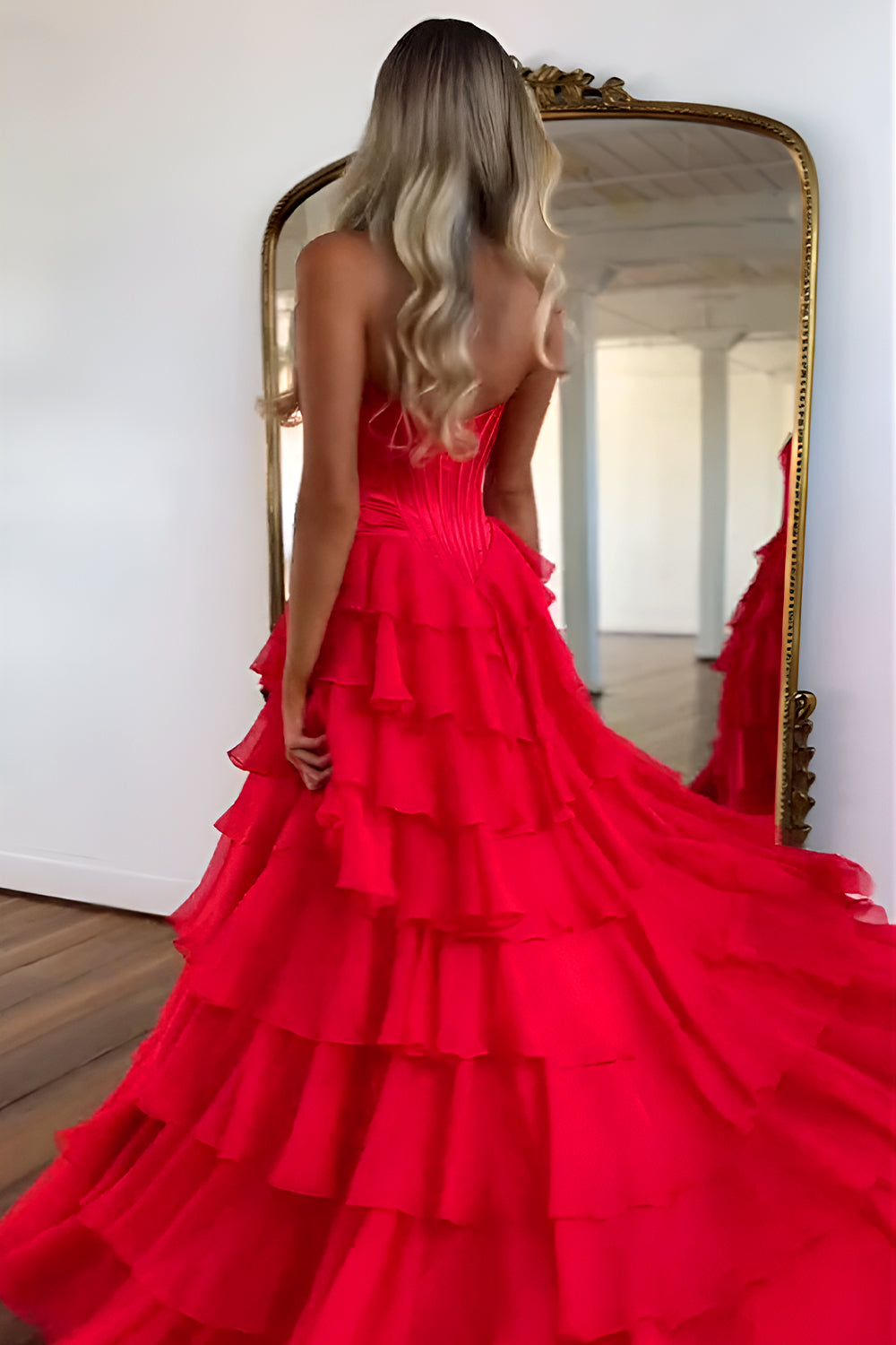 Pretty Sweetheart A-Line Satin Top Long Layered Chiffon Prom Dress with Slit