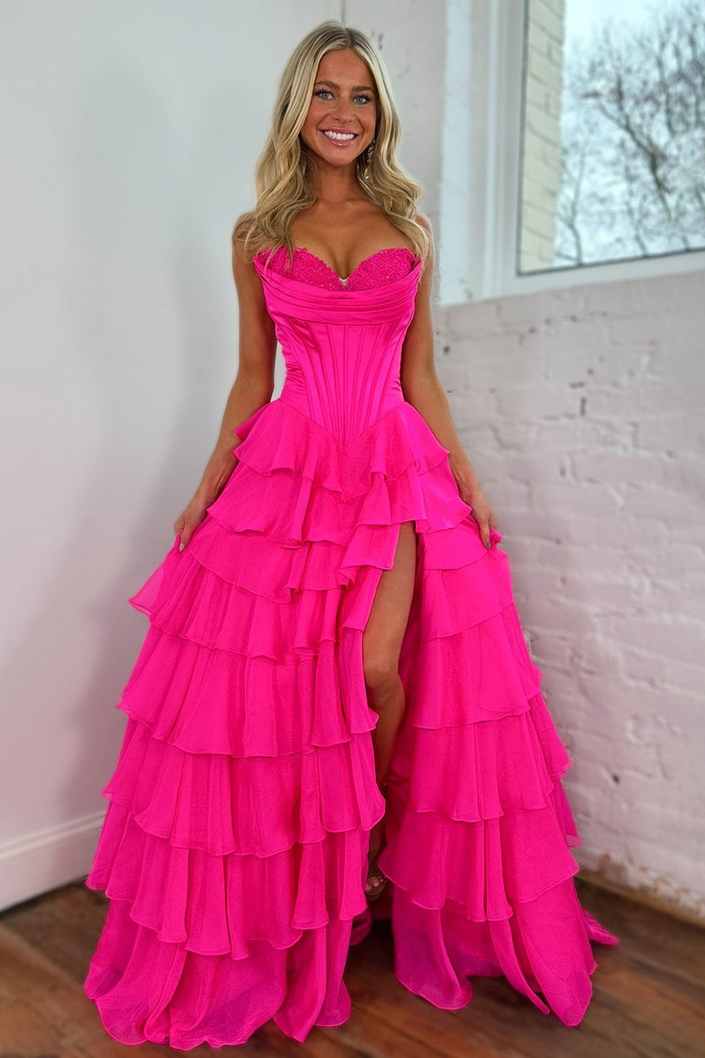 Pretty Sweetheart A-Line Satin Top Long Layered Chiffon Prom Dress with Slit