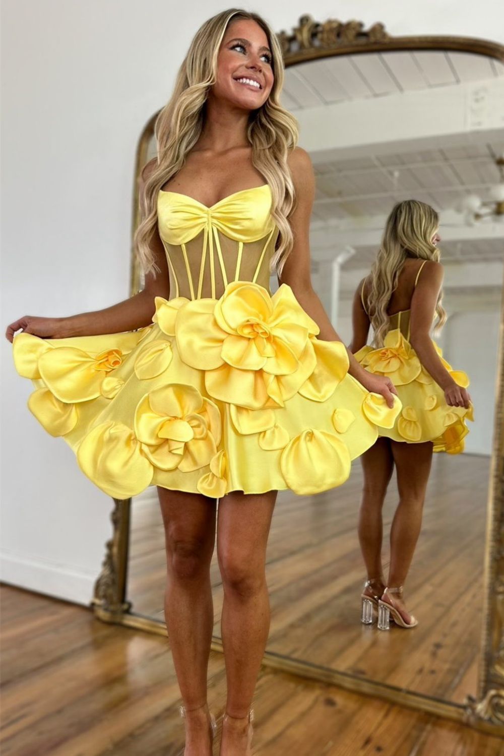 Cute A-Line Spaghetti Strap Short Satin Homecoming Dress with Floral Embellishments
