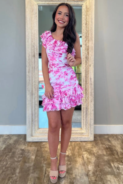 Cute One Shoulder Short Tight Print Homecoming Dress with Ruffle