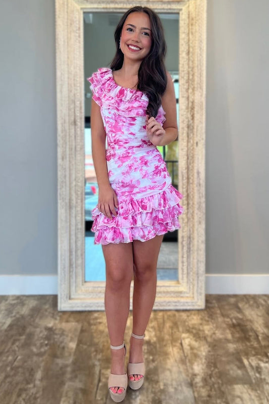 Cute One Shoulder Short Tight Print Homecoming Dress with Ruffle