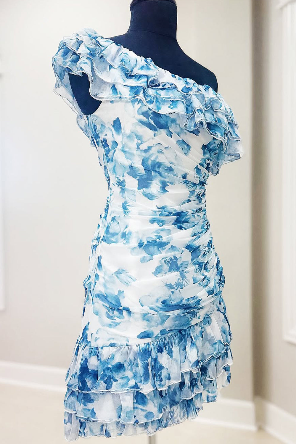 Cute One Shoulder Short Tight Print Homecoming Dress with Ruffle