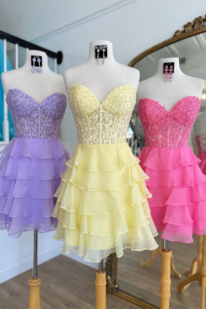 Cute Lilac A-Line Silhouette with Sweetheart Neck and Tiered Lace Top Homecoming Dress