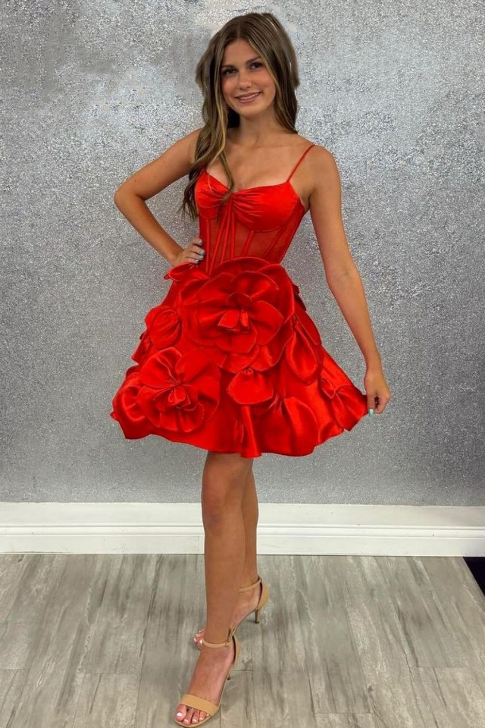 Cute Yellow A-Line Look with Floral Satin and Spaghetti Straps Homecoming Dress