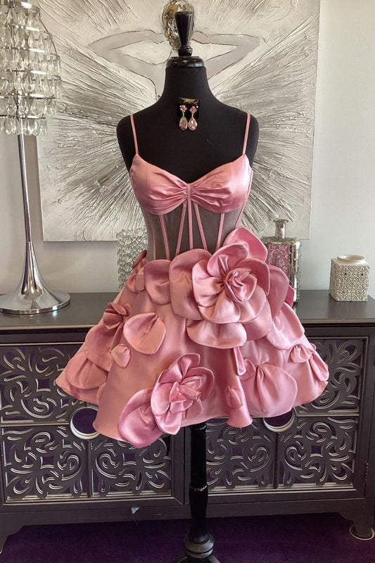 Cute A-Line Spaghetti Strap Short Satin Homecoming Dress with Floral Embellishments
