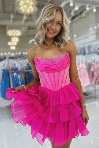 Cute Yellow A-Line Strapless Beaded Top Tiered Chiffon Skirt Homecoming Dress